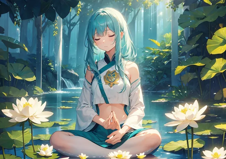 A girl meditating in the lotus position, her eyes closed, with light teal hair framing her face. Soft rays of light surround her, creating an aura of peace. Her expression is one of deep concentration, and the soft blue background gives a sense of calm