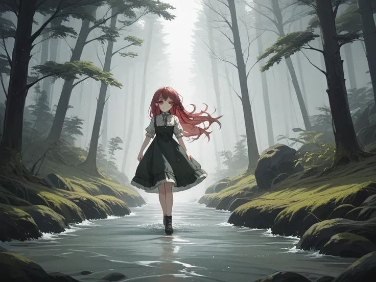 One（ burgundy hair）（ burgundy eyes ） with long hair in waves {x} with full bangs（ dark green strappy dress ）and（ white doll collar Lolita shirt ）The girl wears ， with a short black tie on her chest ，And a pure yellow belt （No metal buckles ） walking in an ...