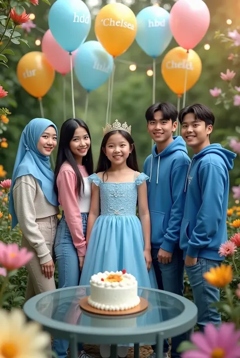 displays a very detailed real photo, a  girl, standing in the middle, with a cake on a round glass table, wearing a blue crown dress, smiling, accompanied by 2 young Korean lovers. 2 handsome Korean men standing at On the right side, neat short hair, weari...