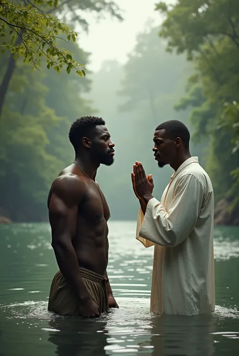 Image of a black man in the waters of baptisms to pledge himself to serve the Lord with a servant of God who baptizes him 