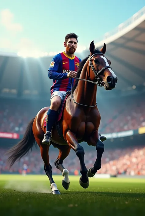 Messi riding a horse and running in stadium 


