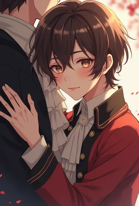  Beautiful anime boy with semi-long brown hair , light eyes,  pink lips, Old costume clothing half embraced the character Kaufman from the novel The Divorced Empress