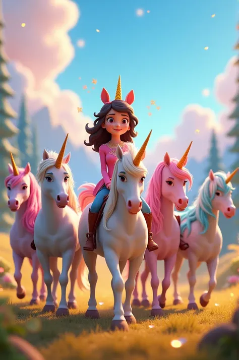 In cinematic 3d cartoon style " there are 5 unicorn and there different riders sitting on there 5 unicorns with there deferent powers. 
     .........
 Zoya is the leader .... How does Zoya sitting  on her unicorn and her unicorn with his rambow light powe...