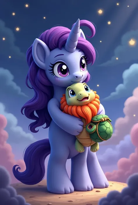 My Little Pony character purple haired princess Luna holds a Pink turtle plush toy with an orange beard and a green bag on top