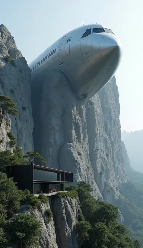  cliff mountain in China 々、 with the head of a passenger plane in the middle of a cliff、Black luxury house 、 real