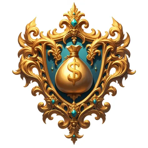 Guild crest, gold ornament and money bag in middle, royal, unique, white background