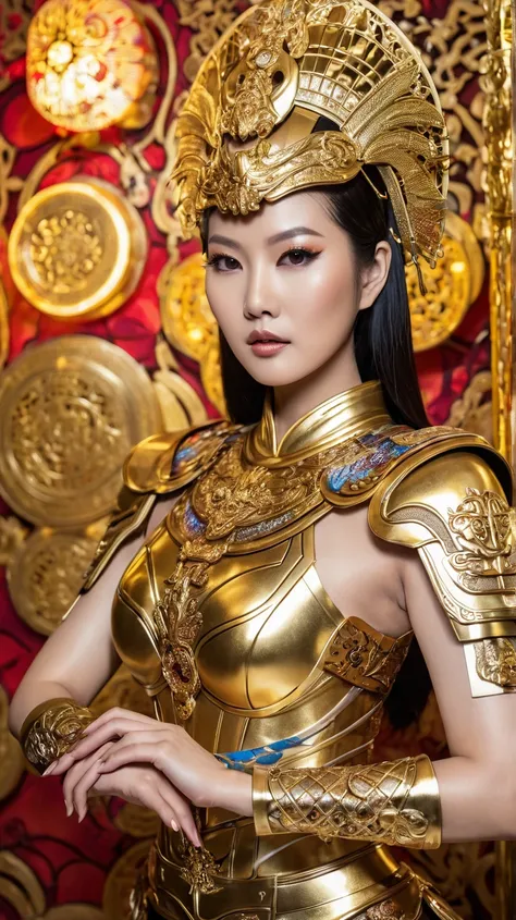 Portrait of an Asian female model of Thai-Japanese descent, smooth porcelain white skin, using high-end cosmetics, cosplaying a golden metal fiber armor with strong violent motifs, vibrant and colorful bar scene background