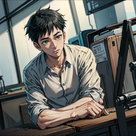  illustration of one man , 30-year-old office worker , Light blue shirt, slacks,  desk work with PC,  black hair, Short Hair, Narrow eyes,  Yashiro Kizuku , Social construction, vtuber,  high details, {{{{{ beautiful details }}}}}, very detailed CG, detail...