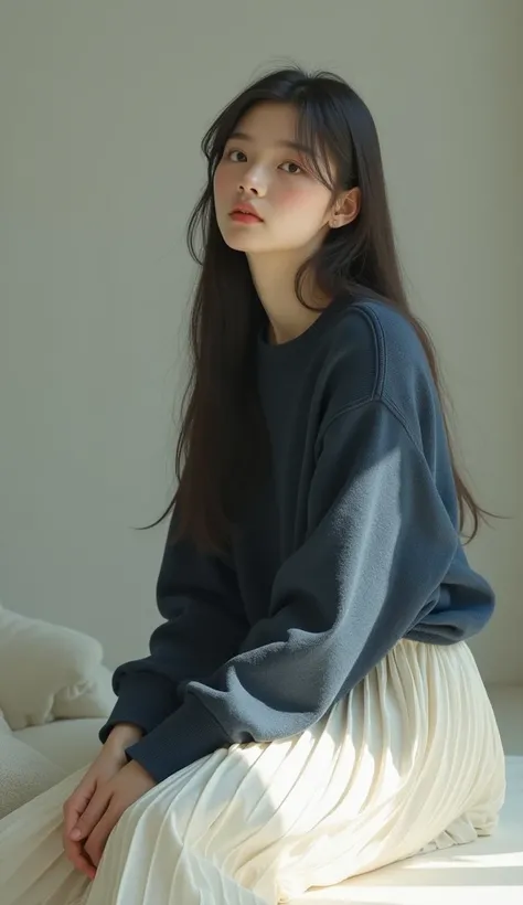 A Chinese girl in a dark blue sweater and a white short skirt sitting 