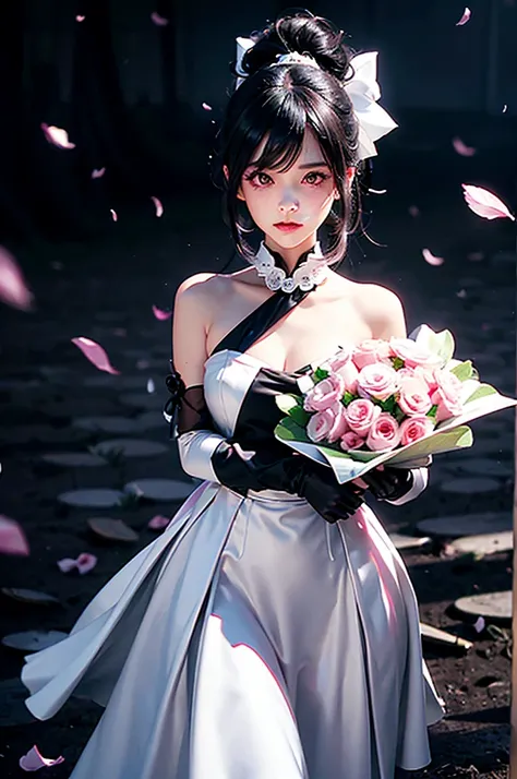 
1 Girl, Black Hair Pink Dye ， Ponytail ， White Ribbon Bow ， pink eyes， Black Gothic Dress,Black Hat,White Bouquet,(holding White Bouquet),Permanent ,forward,( Swarm Dancing Black Petals ),Petal rain, Many Petals , Countless Petals , Floating Petals in the...