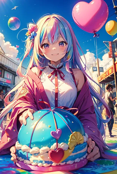 birthday　anime　 happy birthday🎂1人の女の子,  long hair,  high definition , masterpiece, 、 balloon、colorful 、heart、heart、paint、 Planet、rainbowPomeranian、soap bubble 、best quality、 birthday party 、 birthday cake、 smiles、、 balloon、colorful 、heart、heart、paint、 Plan...