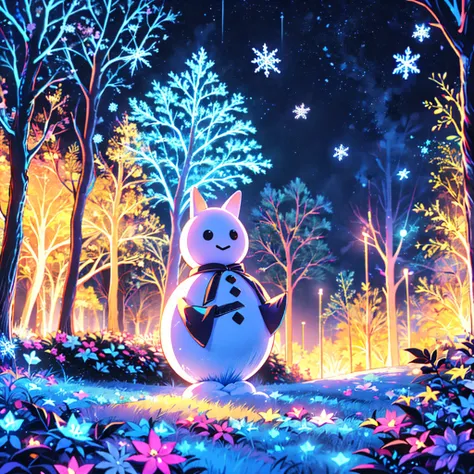 A cute little  who came in a snowman kigurumi、 Snowflakes 、 fantasy、 absurd、 neon lights enhance cuteness、