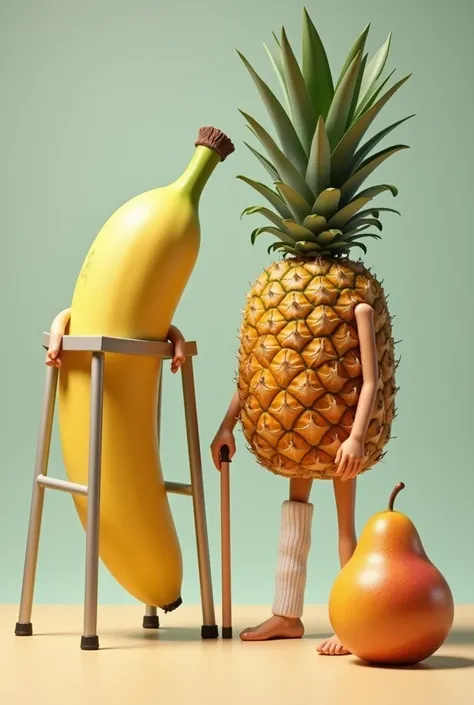 a banana,  a pineapple and a pear with a cast leg.  Banana with crutches , Pineapple with cane  