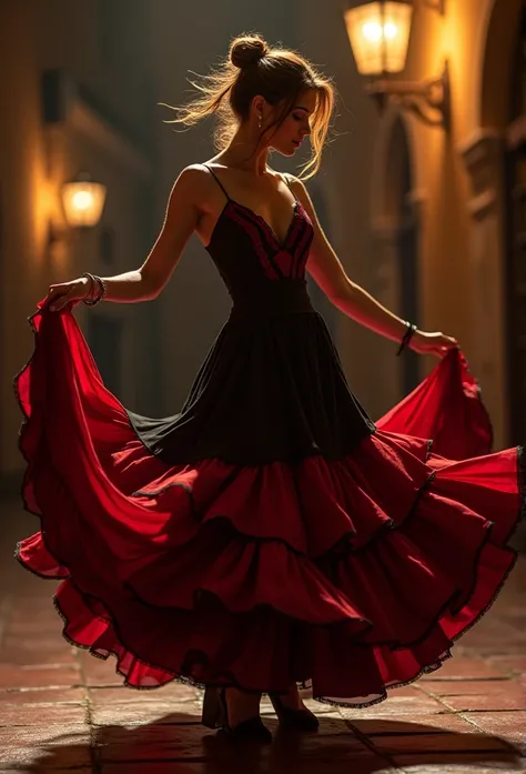 Woman from the East in black and red seven-layer skirt , looking sensual at night , in a romantic Spanish dance b woman dancing happy