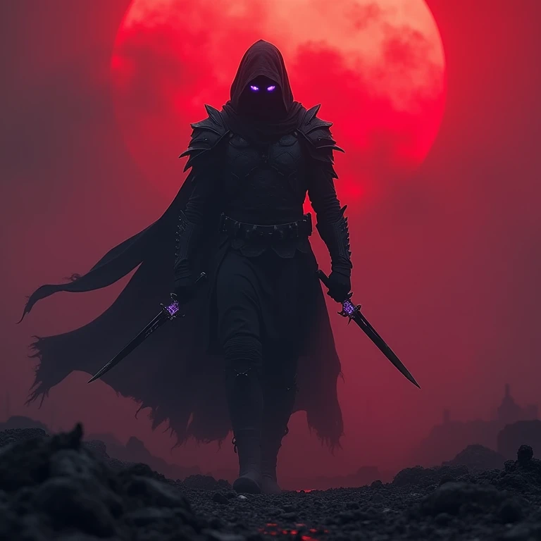 "A stealthy warrior shrouded in black smoke, his armor appearing like shifting shadows. He moves silently through a ruined battlefield under a blood-red sunset, dual daggers glowing faintly with dark energy. His eyes pierce through the darkness with an eer...