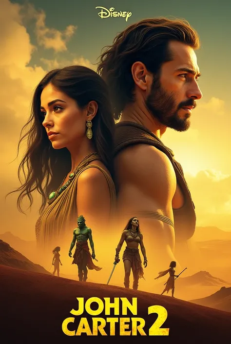 Create a poster for the movie "John Carter 2"
The poster has a main color tone of yellow, orange and gray, creating a sense of adventure, science fiction and a bit of mystery. The poster layout focuses on the three main characters in the center, along with...