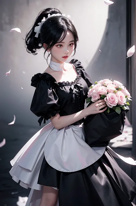 
1 Girl, Black Hair Pink Dye ， Ponytail ， White Ribbon Bow ， pink eyes， Black Gothic Dress,Black Hat,White Bouquet,(holding White Bouquet),Permanent ,forward,( Swarm Dancing Black Petals ),Petal rain, Many Petals , Countless Petals , Floating Petals in the...