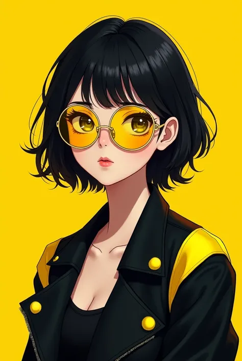 A stylized anime real girl with short, dark hair, wearing yellow round glasses and a black jacket with yellow highlights on the shoulder, set against a vibrant yellow background; exhibiting bold lines, strong contrast, and a cool, fashion-forward aesthetic...