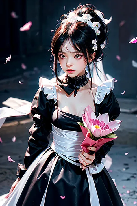 
1 Girl, Black Hair Pink Dye ， Ponytail ， White Ribbon Bow ， pink eyes， Black Gothic Dress,Black Hat,White Bouquet,(holding White Bouquet),Permanent ,forward,( Swarm Dancing Black Petals ),Petal rain, Many Petals , Countless Petals , Floating Petals in the...