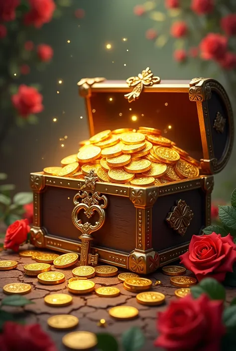 Treasure with gold coins , golden key, stars,  red roses and four-leaf clovers 