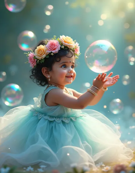 This image depicts an one year old indian baby girl like playing with the bubbles, surrounded by bubbles、Wearing a crown of flowers 、Wearing a blue dress。、Its a fantastic scene 。