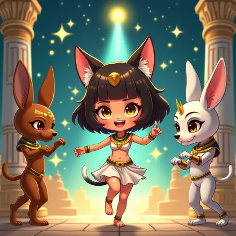 
masterpiece, best quality, 8k resolution, ultra-detailed, vibrant colors, cute chibi Bastet girl dancing, tan skin, dark brown bob hair, cat ears, slender cat tail, sparkling gold eyes, white-gold Egyptian outfit, joyful expression.  Accompanying her are ...