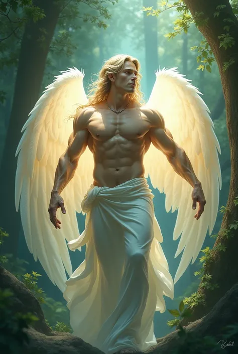  Mysterious Men　whole body　 Beautiful World 　Fairy　Angel　Gabriel　Draw an illustration of a body with beautiful muscles 　 in gentle colors