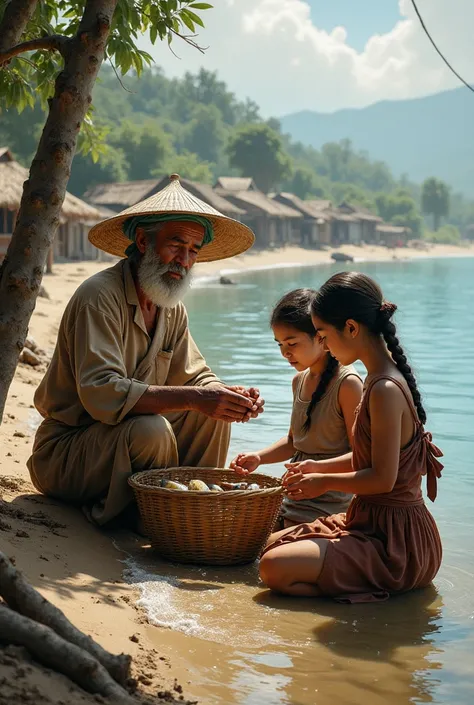 The of the village prepare the girls for fishing 