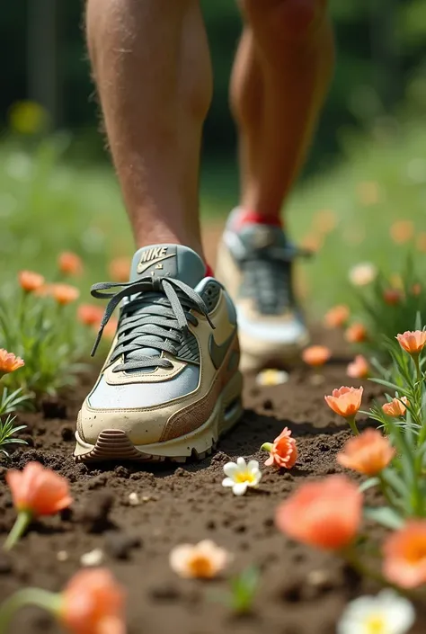 Un jeune homme sportif en Nike air Max 90 pleines de boue piétine violemment des fleurs au sol. The flowers are crushed and scattered under his feet. .