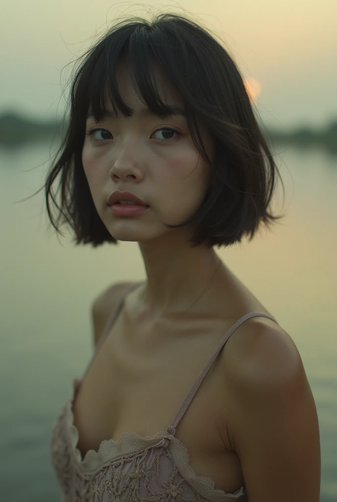  editorial photography,  Super Detailed Background  , super real ,Double Exposure, is written by,  Cool Beauty Ultra Slim Skinny Video , full body、 Soft Focus Sepia Tone ,Scenes from the story ,It was transparent,Wabi-sabi,Squat movement、Nipples、 small tit...