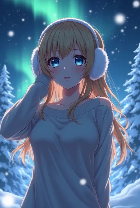 anime,winter, Aurora,star,A delicate touch,Date,Blonde, Brown Hair,  blue eyes, I&#39;m moved,front,tears, earmufflers, Big Breasts 1人の女の子, 