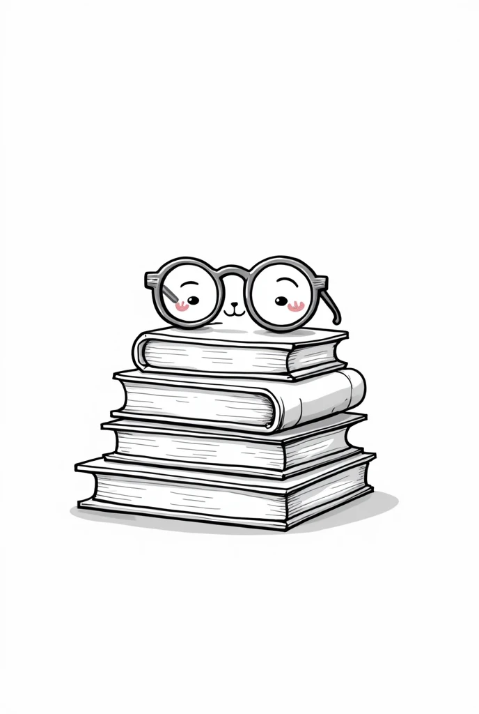 Create a detailed line drawing that uses bold, clean outlines to depict a charming cute stack of books with glasses. The design should focus on clear, crisp lines to emphasize playful features and subtle textures. Highlight key details and contours with pr...