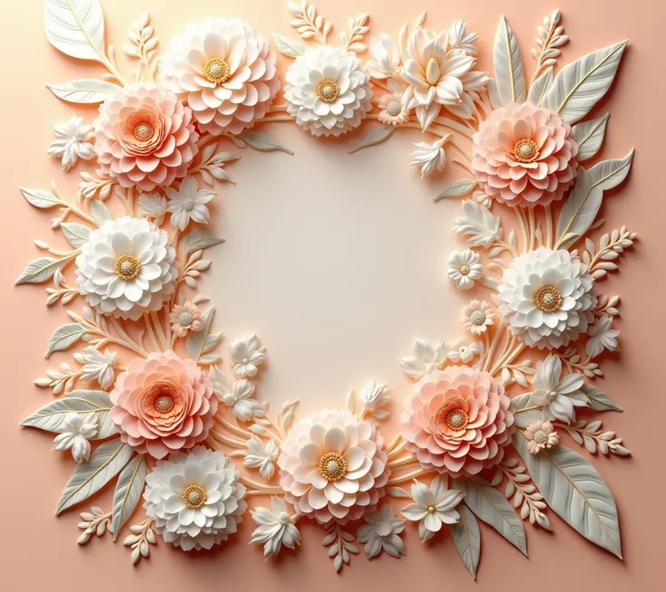 Ornate relief artwork featuring intricate floral patterns on a soft peach background. The design includes large white and pink flowers, surrounded by lush green leaves and golden accents, creating a rich, textured appearance.

