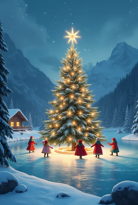 Un sapin de noel en plein milieu dun lac glacés avec des gens qui patine et un messagee ecrit sur la glace " Joyeux Noël Eddy & Angelina et Alicia Amelia Nolan" in french 