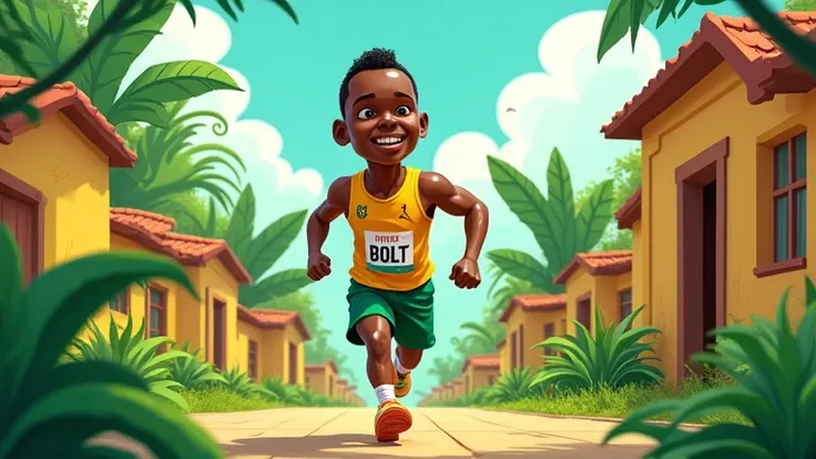 little Usain Bolt in greenish village, cartoon style