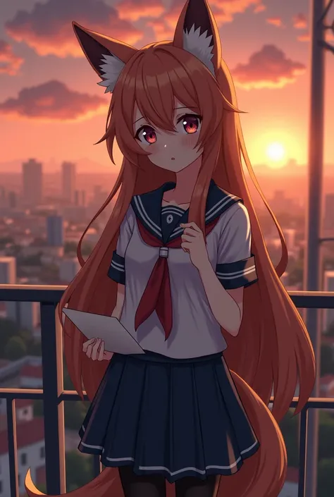 Anime nine-tailed fox woman with Japanese uniform have medium breast. She is looking to camera. She is wearing black leggings. The railing is behind her. The city is under the railing at sunset. She is crying with a love letter in her hand