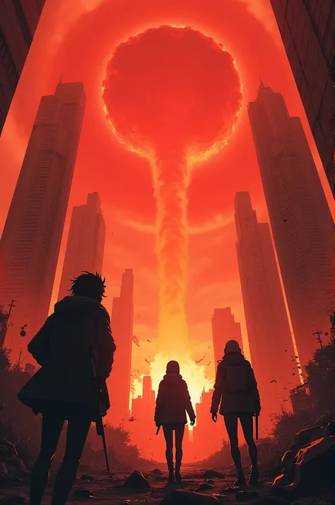 An anime-style illustration of a nuclear war in a futuristic city with a red background color faded in the dust