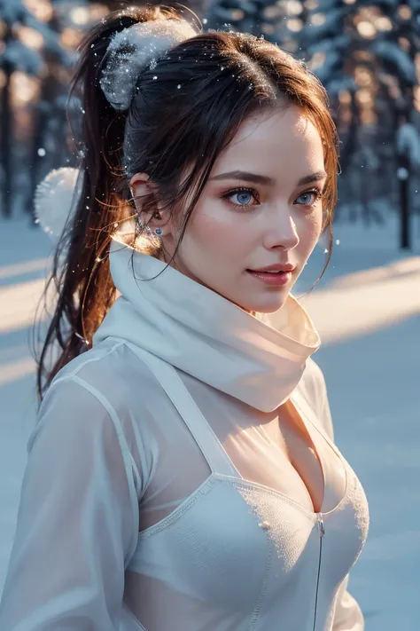 Generate hyper realistic image of a woman standing in the snow. She has long brown hair flowing over her shoulders, face veil, and her hair is pulled back in a ponytail. She wears a short purple skirt, a white jacket with a black vest over it, and black bo...