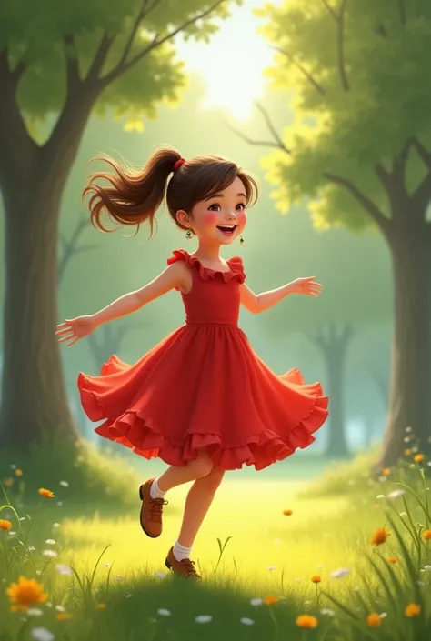 Nine-year-old girl in a little red dress playing in a park 