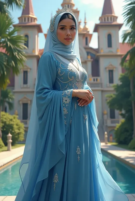 A 20 yo Malaysia princess wearing long blue elves dresss and wearing hijab with crown in potret with Malaysia palace background.