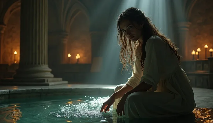 Framing:
The woman is sitting on the edge of a stone fountain within the church, her hand trailing gently through the water. Her face is partially turned toward the camera, her expression soft and contemplative as she watches the ripples form.

Lighting:
C...