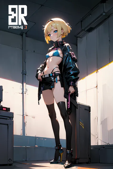   Blonde bob hair blue eyes girl very young and pretty girl standing in front of a building、Wearing metallic gold bikini and headband and mini skirt ,High Heels and Leather Stockings 、 digital  cyberpunk anime art ,  Digital Cyberpunk - Anime Art,  anime c...