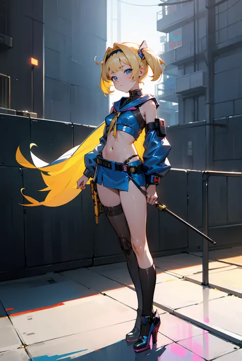   Blonde bob hair blue eyes girl very young and pretty girl standing in front of a building、Wearing metallic gold bikini and headband and mini skirt ,High Heels and Leather Stockings 、 digital  cyberpunk anime art ,  Digital Cyberpunk - Anime Art,  anime c...