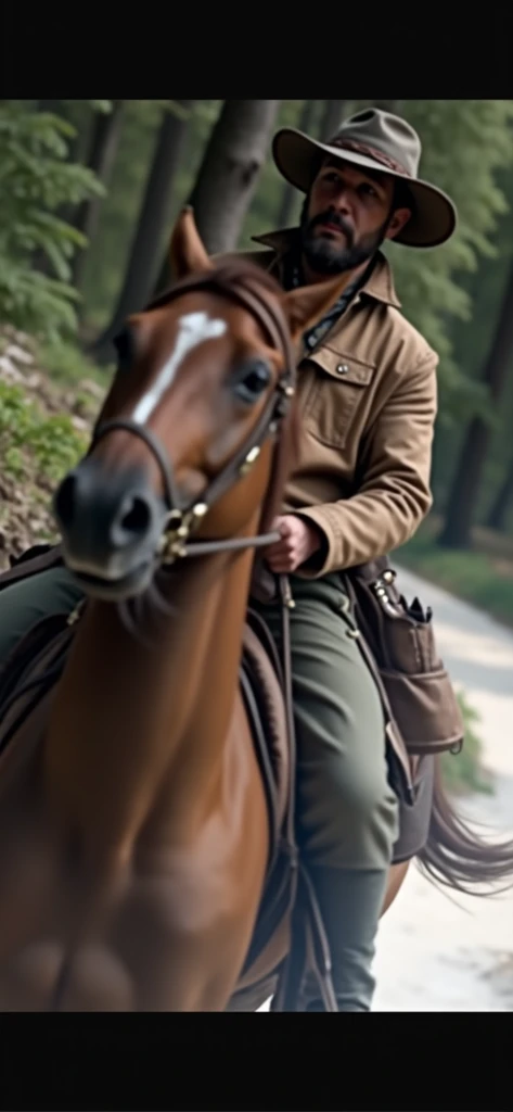 Riding a horse in nature with hunter clothes 