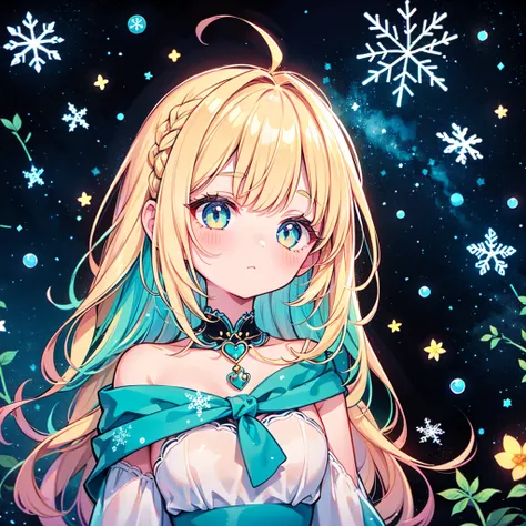 1girl,Chibi、cute、白色のcuteコート、 snowman、 Snowflakes 、 fantasy、 absurd、 neon lights enhance cuteness、世界一cute絵、