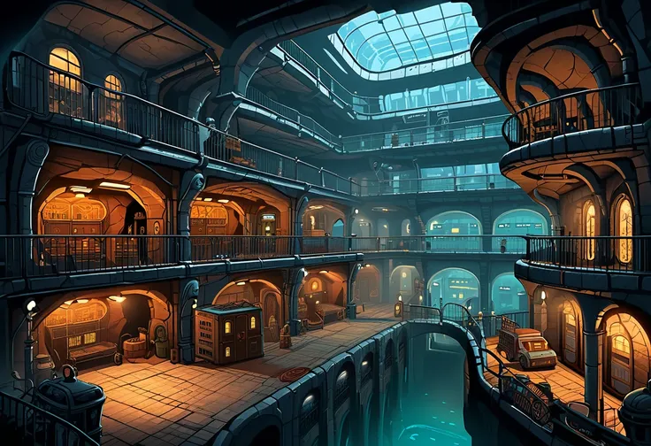 illustration of a snips of a building with a lot of rooms,  Point-and-click adventure game ,  giant cavernous iron city , Underground City,  concept art highly detailed , snips, Inside the gangs lair,  Randomly divided rooms ,  Bioshock concept art ,  styl...