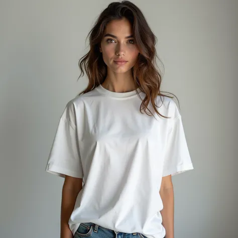 Professional black and white, high contrast, desaturated photograph of an oversized white t-shirt mockup against a plain background, with a with a photo of a woman with brown hair in the center of the shirt, lit with harsh, intense light and textured with ...