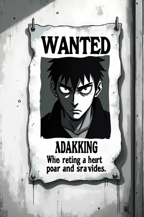 Un illustrazione cartonata in stile anime in bianco e nero di un cartello con scritto wanted attaccato ad un muro 