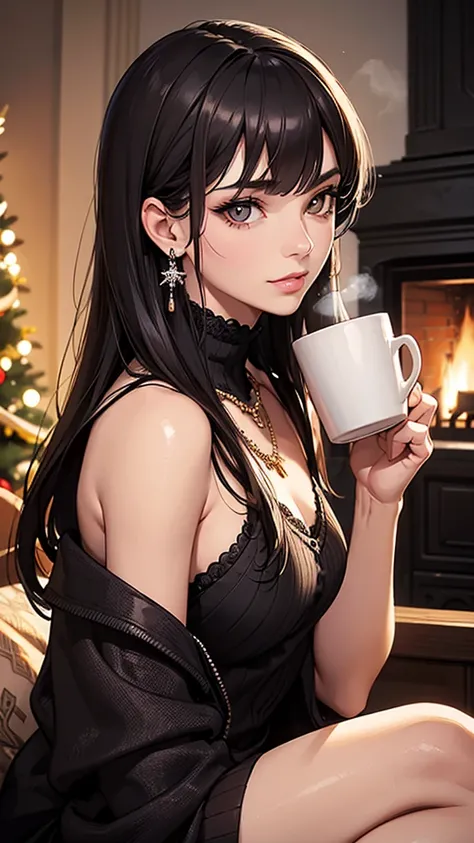 Solo, a bewitching female, sitting on, (holding a coffee mug, steam , perfect fingers, perfect anatomy), faint smile, soft, delicate, looking at viewer, upper body closeup, extremely detailed illustration, perfect rendering, from side, RAW photo, incredibl...