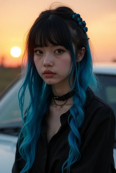 8k quality, masterpiece, best quality, detailed background, Intricate details, Chromatic Aberration, woman, looking at viewer, black and bright blue hair, sitting on the hood of a car, black collared shirt, braid in hair, sunset, bangs